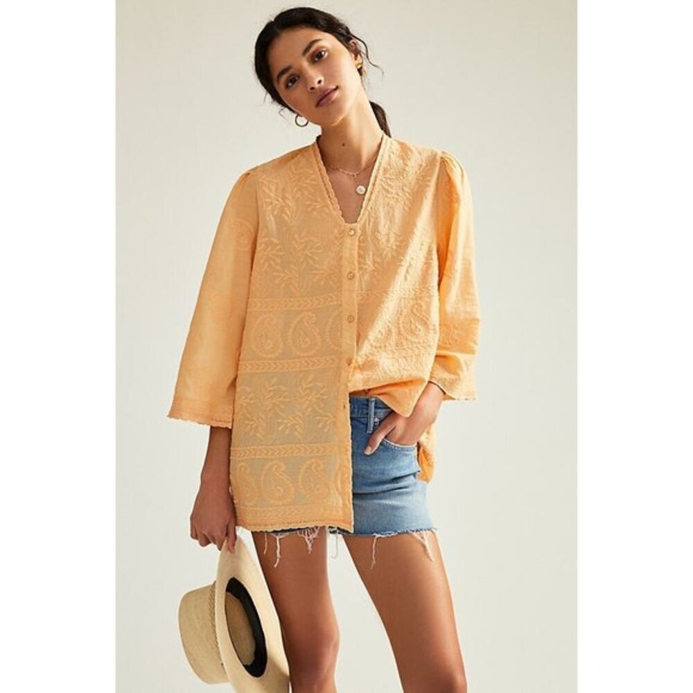 Orange Anthropologie V-Neck Embroidered Button Front Tunic Blouse (NWT)